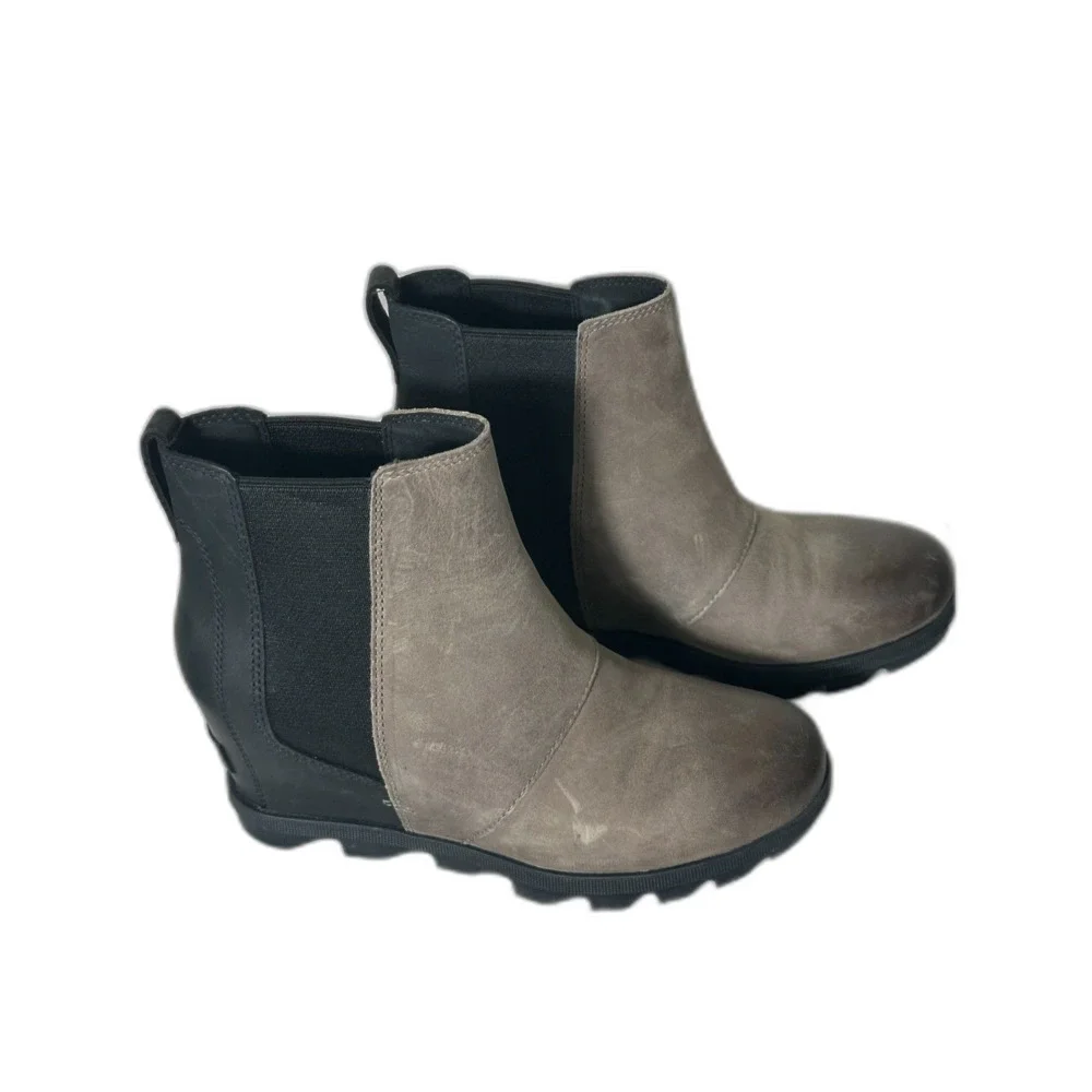 Sorel Joan of Arctic II Chelsea Wedge Ankle Boots Black Leather US Size 8